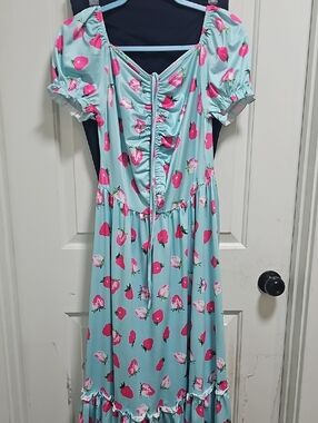 Women's Puff-Sleeve Strawberry Print Dress - Aqua & Pink